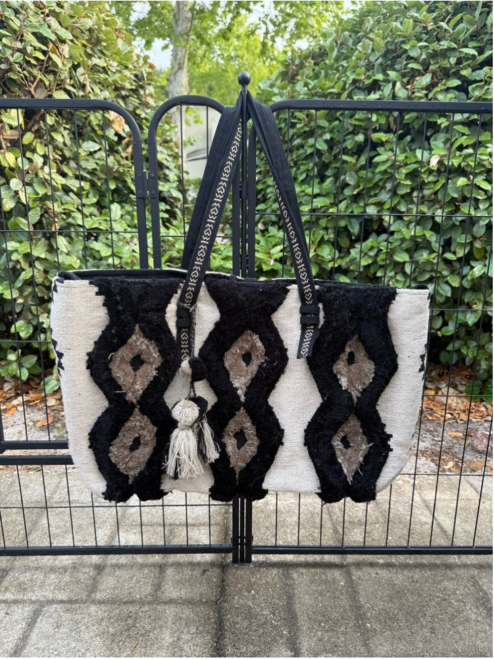 Boho Woven Black and Cream Weekender with Tassel Accents - Picture 4 of 5